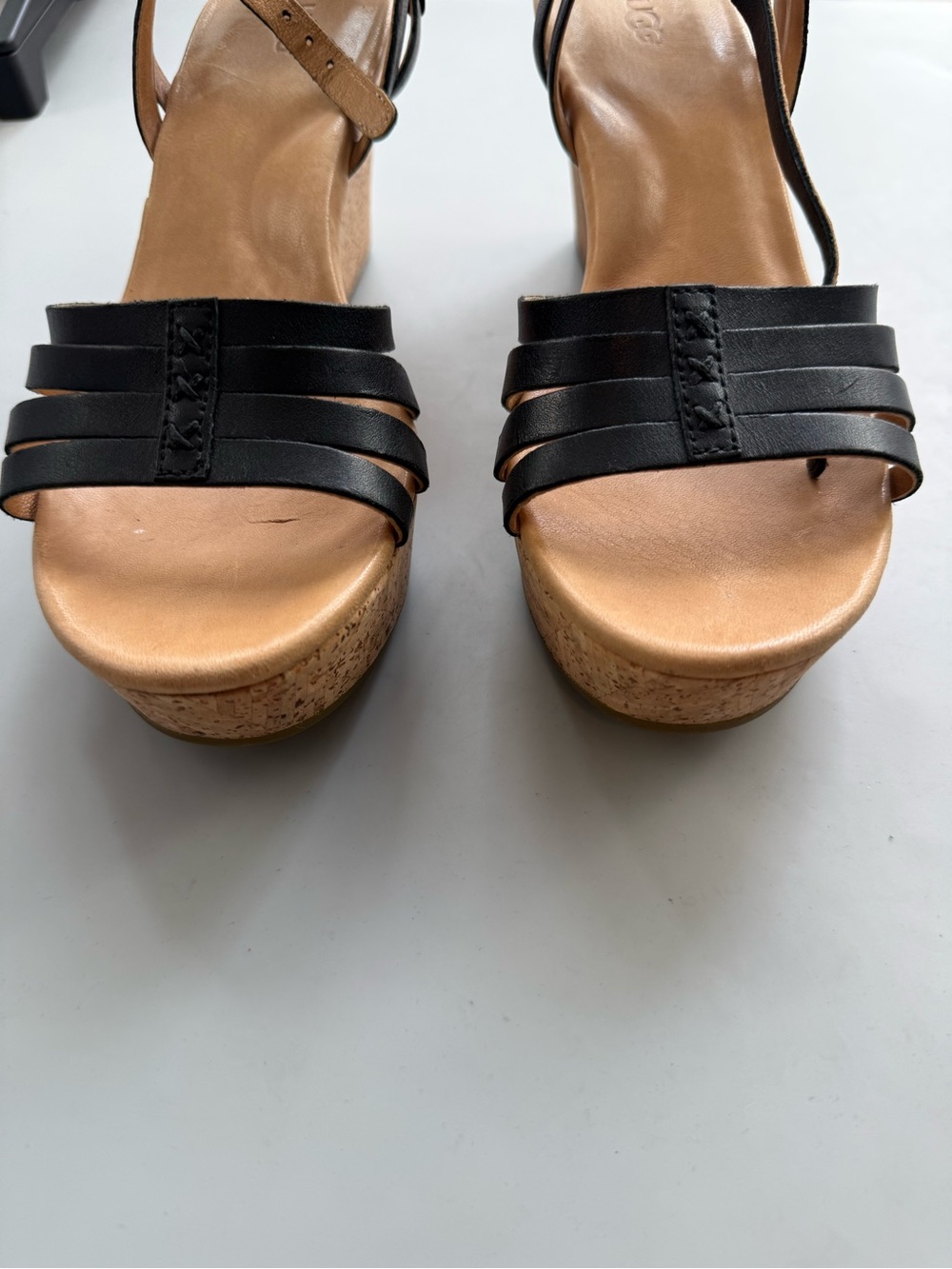 UGG Brigitte Wedge Sandals Leather Cork Platform Black Tan 7.5 - Picture 5 of 7